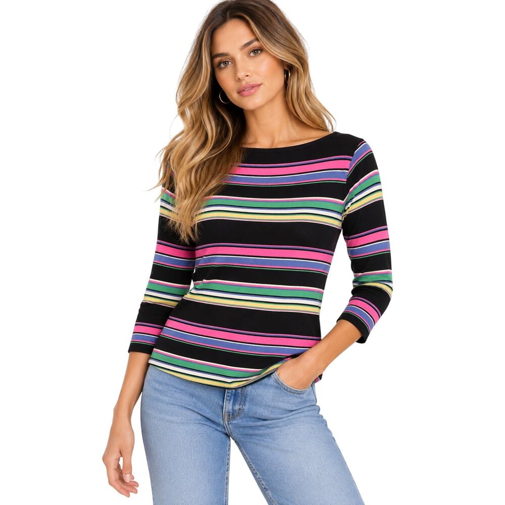 Evan-Picone Multicolor Striped Cotton 3/4 Sleeve Top EUC Size Small